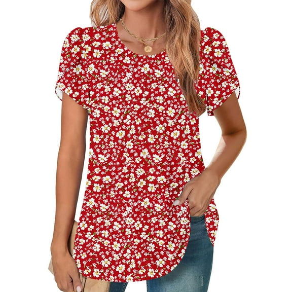 GaThRRgYP Casual Short Sleeve Blouse - Summer Women's Tops,Women's New Short Sleeve Round Neck Cover Casual Pleated Tunic Top Curved Hem Printed Fashion Top Red L