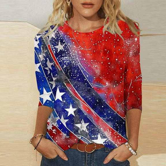 GaThRRgYP Casual Short Sleeve Blouse for Women,Women's Fashion Tees Casual Crewneck 3/4 Sleeve Loose T Shirt Ladies Blouses Shirts Red XXXL