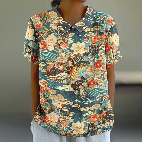 GaThRRgYP Casual Short Sleeve Blouse for Women,Women's Ladies Fashion Casual Cropped Short Sleeve Printing Loose Shirt Blouse Top Multicolor S