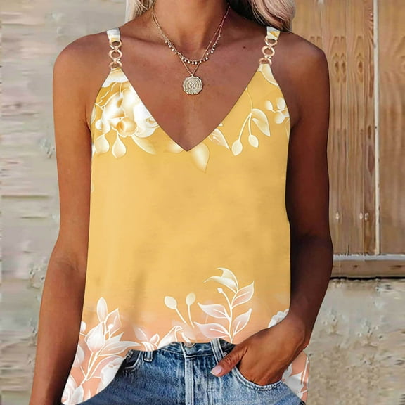 GaThRRgYP Chic Women's Sleeveless Blouse,Women's Summer Casual Sleeveless Floral Printing Blouse V-Neck T-Shirt Yellow L
