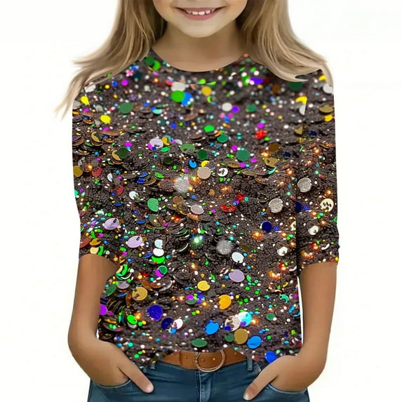 GaThRRgYP Spring Tops for Women,Womens Blouses,Men's and Women's Shiny Printed Quarter Sleeve Round Neck Children's Top Pullover Base Shirt Coffee#5 9 Years