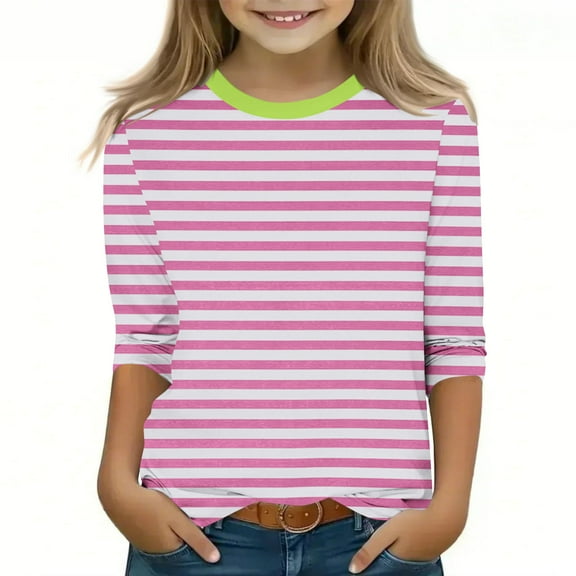 GaThRRgYP Summer Tops,Summer Tops for Women under $10,Children's Solid Color 3/4 Sleeve Round Neck Tops/shirt Pink#3 9 Years