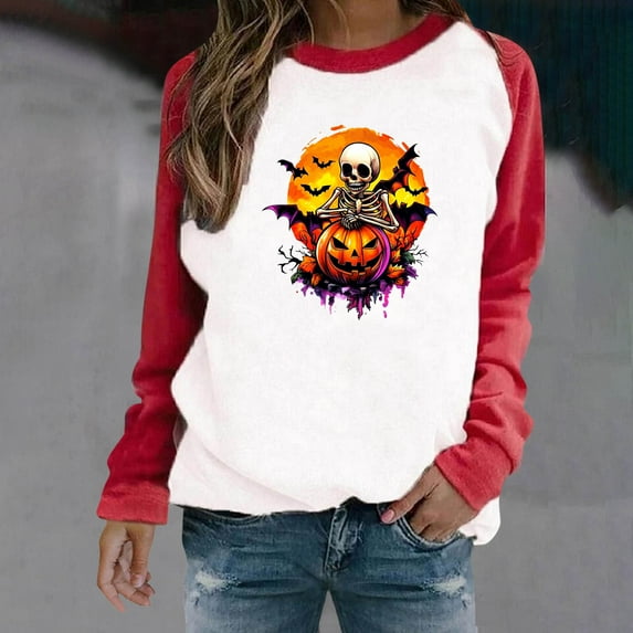 Black*Friday Discounted Items under $5 GaThRRgYP Classic Round Neck Long Sleeve Shirt Women,Women's Halloween Printed Round Neck Long Sleeved Oversized Sweatshirt Red XL