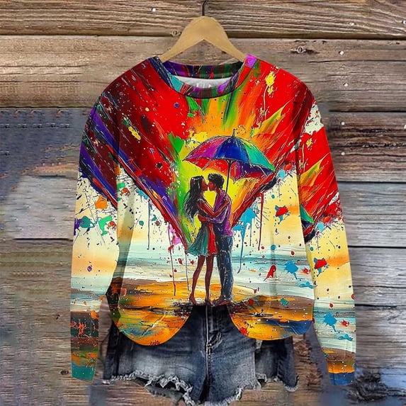 GaThRRgYP Classic Womens Long Sleeve Sweatshirt Seasonal Essential,Women's Printed Long Sleeved Round Neck Pullover Top Hoodless Casual and Fashionable Sweatshirts Red M