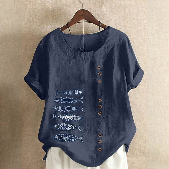 GaThRRgYP Clearance Clothes under $5.00,Women Casual Cotton and Linen Top Ocean Fish Printed Short Sleeve Button Tunic T-shirt Blouse Tops Navy L