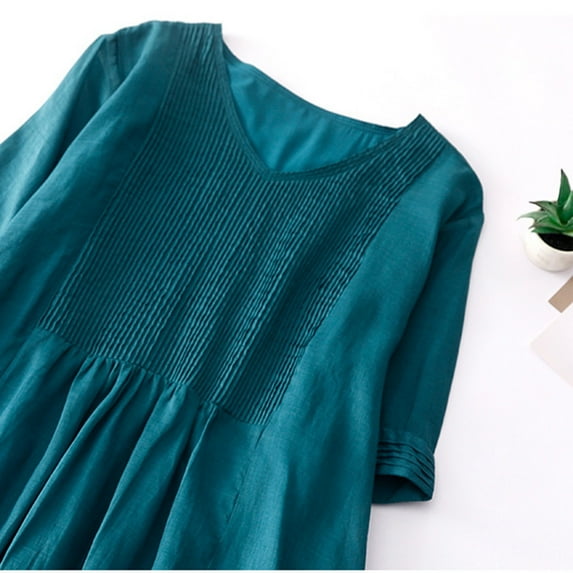 GaThRRgYPDress for Women Short Sleeves under $5,Women's Retro Round Neck Pocket Waist Up Travel Vacation Dress