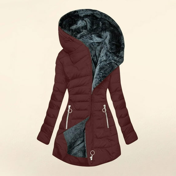 GaThRRgYP Coats for Women Winter,Plus Size Outerwear,Women FALL and Winter Clothing Solid Color Hooded Plush Cotton Wine L