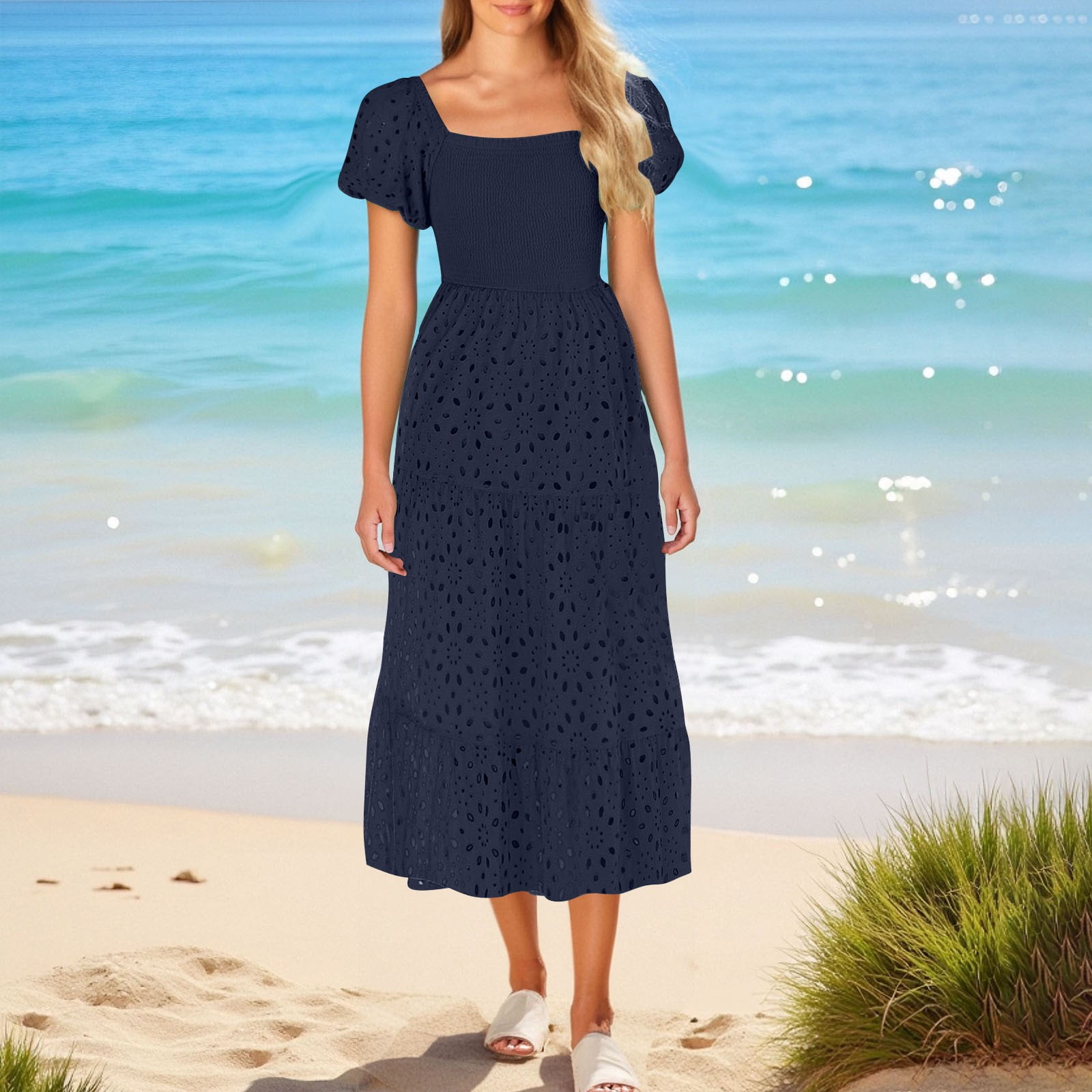 GaThRRgYP Concert Ready Round Neck Dress-Music Festival Essential,Women's Casual Printed Pleated Elastic Waist Sleeveless V-Neck Dress Navy XXL