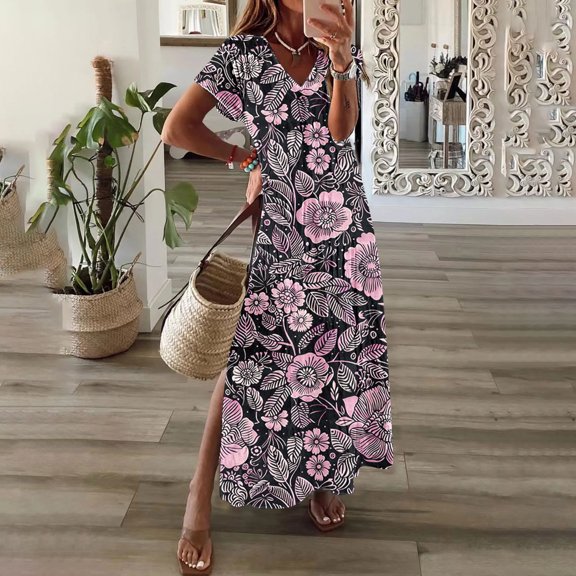 GaThRRgYP Contrast Panel Short Sleeve V-Collar Dress-Color Pop,Womens Spring and Summer V-Neck Solid Casual Short Sleeved Long Dress Purple XXXXXL