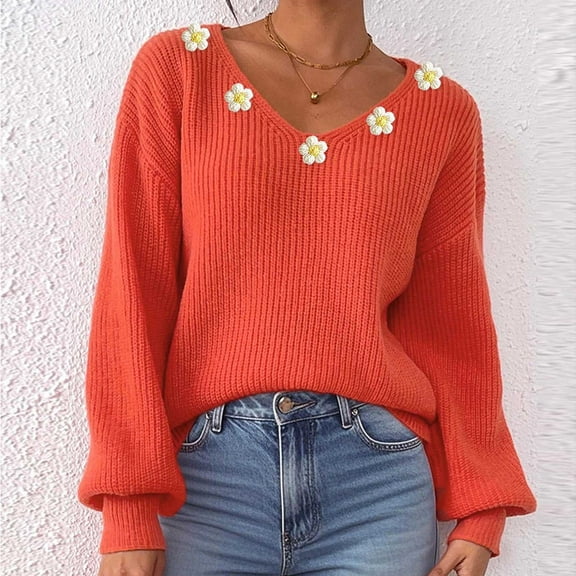 GaThRRgYP Cozy Cold Weather Sweaters for Her,Woman Casual Flower Ribbon Embroidery Irregular Embroidered V-neck Sweater Tops Orange L