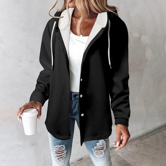 GaThRRgYP Cozy Ladies Autumn Winter Everyday Jacket,Women's Solid Color Long-sleeved Long-sleeved Hooded Casual Coat Black XL