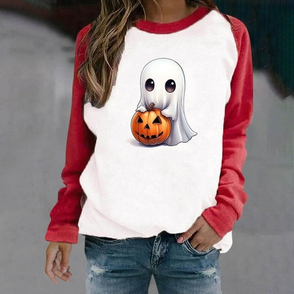 GaThRRgYP Cozy Round Neck Long Sleeve Tee Women Winter,Women's Halloween Printed Round Neck Long Sleeved Oversized Sweatshirt Red XL
