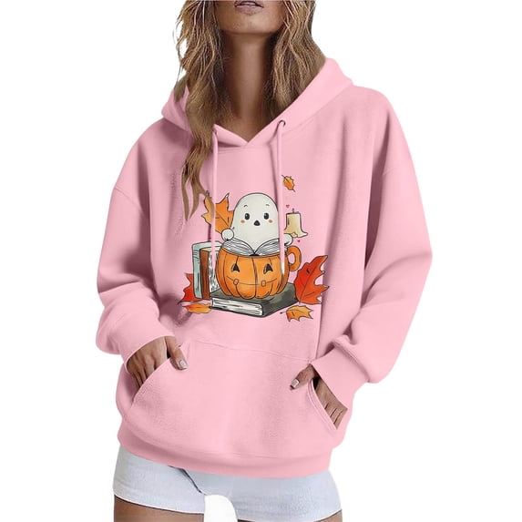 GaThRRgYP Cozy Winter Hoodie for Women,Women Long-sleeved Hooded Pocket Halloween Printed Casual Loose Sweatshirt Pink XXL