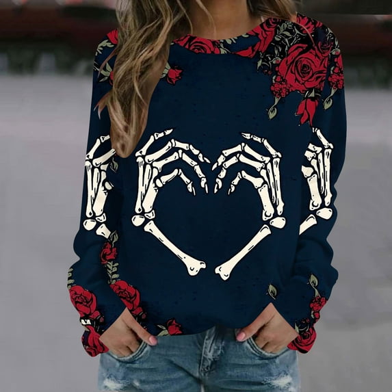 GaThRRgYP Crew Neck T Shirt Women,Ladies' Casual Halloween Printed Long Sleeved Round Neck Top Shirt Navy L