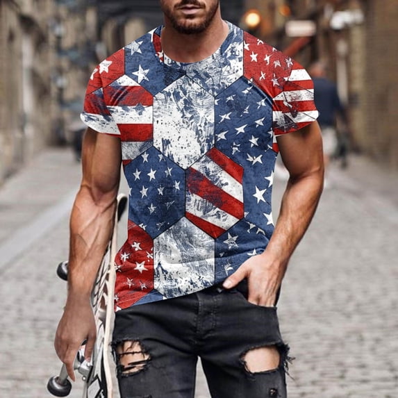 GaThRRgYP Deals Clearance Mens Tshirts Short Sleeve,Men's Independence Day Printed Round Neck Short Sleeved Top/Shirt Multicolor M