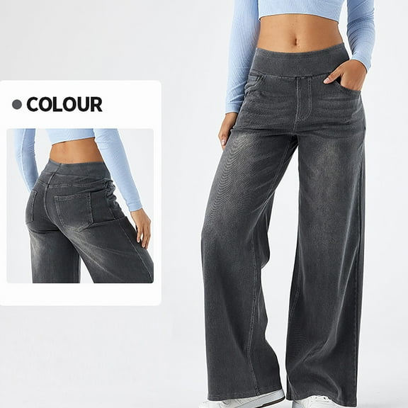 GaThRRgYP Denim Pants for Women High Waist,Women'S Denim Wide Leg Pants With High Waist And Effect Multiple Pockets Straight Leg Loose Casual Pants Gray M