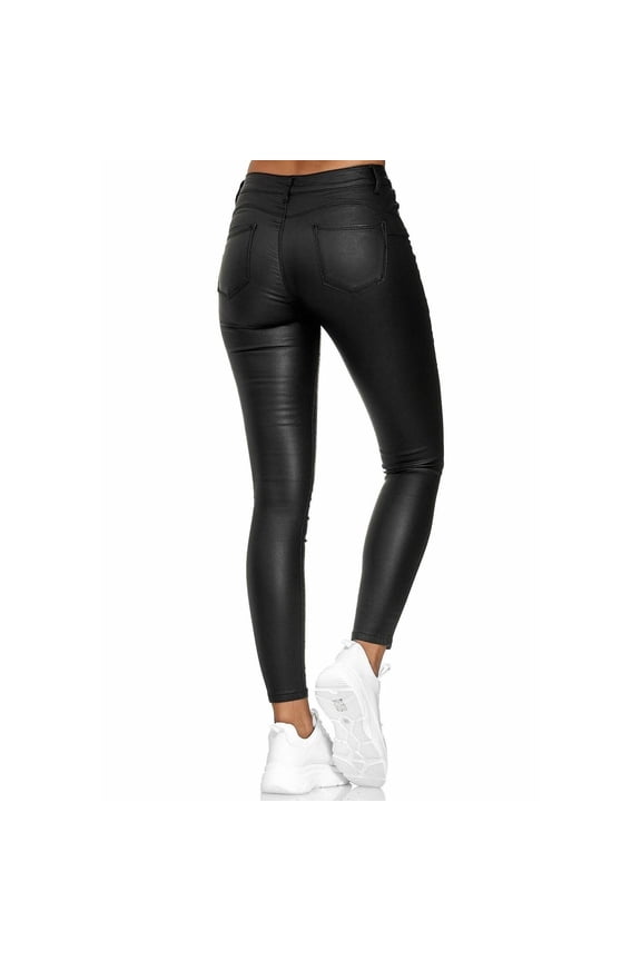 Denim Pants for Women,Womens Straight Leg Jeans,Fashion Women Solid Casual Pockets Button High Waist Faux Leather Long Pants