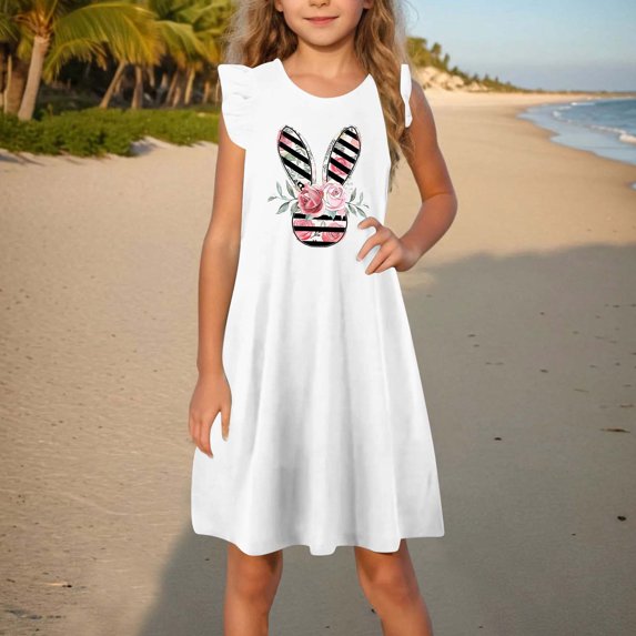 GaThRRgYP Dresses for Girls 7-16,Toddler Girls Dress Summer Ruffle Sleeve Sundress Outfit for Kids 4-14T White 9 Years