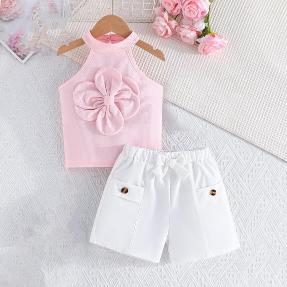 LEBONYARD Women's Shorts with a Stylish and Modern Twist,Girl's Flower Sleeveless Round Neck Top Solid Color Bow Shorts Two-piece Set