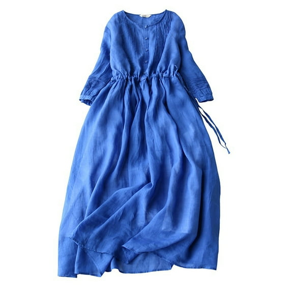 GaThRRgYP Spring Dresses for Women 2025,Women's Retro Cotton and Linen Round Neck Double-layer Lace-up Waist Retraction Travel Holiday Dress