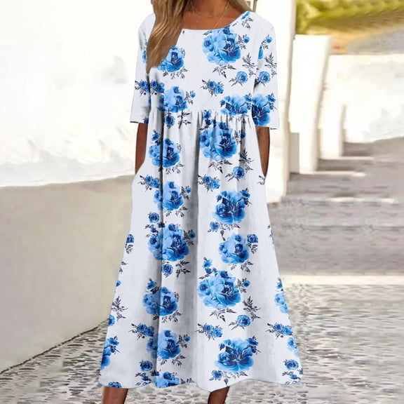 GaThRRgYP Dresses for Women Plus Size Summer,Women Fashion Summer Spring Round Neck Short Sleeve Printing Pocket Casual Loose Mid-Calf Dress Blue S