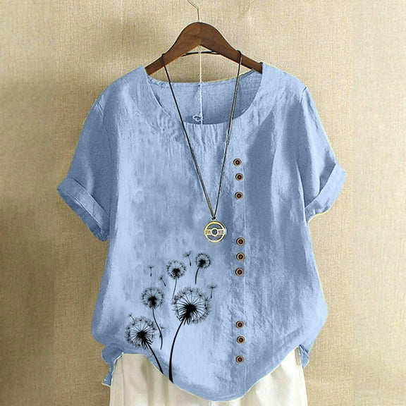 GaThRRgYP Dressy Blouses for Women,Women Casual and Linen Round-Neck Top Printed Short Sleeve Button T-shirt Blouse Blue XL