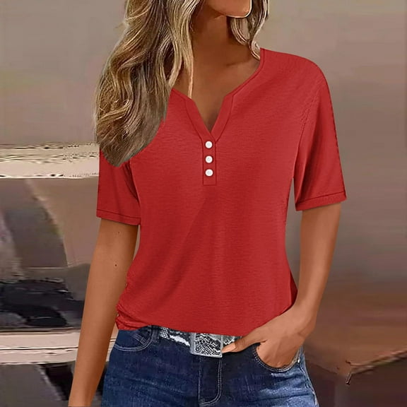 GaThRRgYP Dressy Blouses for Women,Women's Casual Solid Color Medium Short Sleeve V-Neck Top Red S