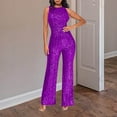 thumbnail image 1 of GaThRRgYP Dressy Jumpsuits for Women,Women's Solid Color High-Waisted Sleeveless Round Neck Off-The-Shoulder Sequin Slim Long Sequin Romper Purple S, 1 of 5