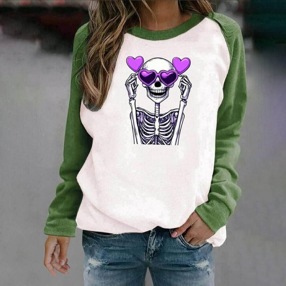 GaThRRgYP Easy Weekend Round Neck Long Sleeve Top Women,Women's Halloween Printed Round Neck Long Sleeved Oversized Sweatshirt Green XXL