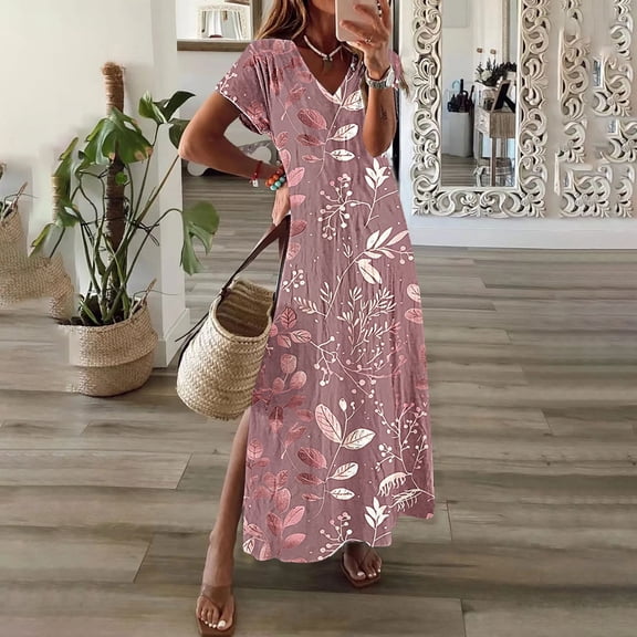 GaThRRgYP Elegant Lace Short Sleeve Dress,Womens Spring and Summer V-Neck Solid Casual Short Sleeved Long Dress Purple XL