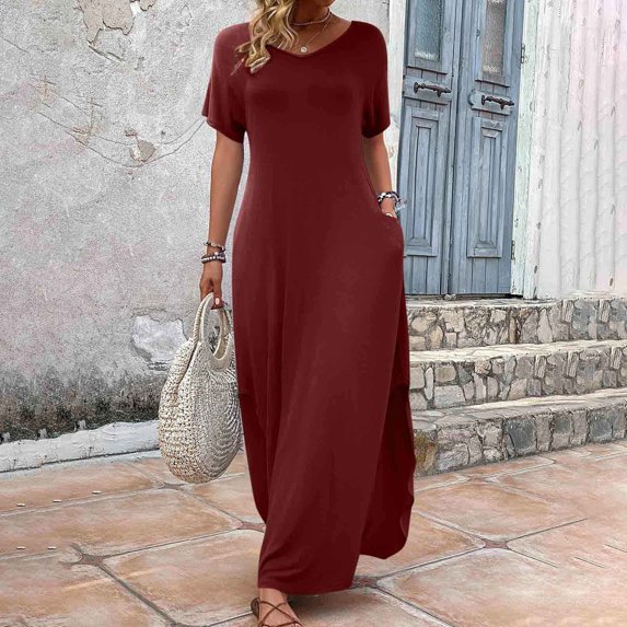 GaThRRgYP Elegant Satin Slip Short Sleeve Dress,Women's Solid Color Fashionable Casual Loose Short Sleeved V-neck Long Skirt Dress with Dress Red XXL