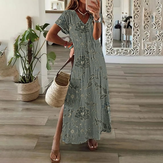 GaThRRgYP Elegant Satin Slip Short Sleeve Dress,Womens Spring and Summer V-Neck Solid Casual Short Sleeved Long Dress Dark Gray L