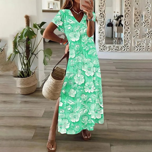 GaThRRgYP Elegant Satin Slip Short Sleeve Dress,Womens Spring and Summer V-Neck Solid Casual Short Sleeved Long Dress Mint Green S