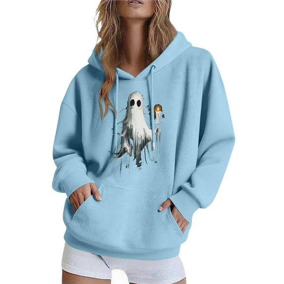 GaThRRgYP Elegant Women's Autumn Hoodie,Women Long-sleeved Hooded Pocket Halloween Printed Casual Loose Sweatshirt Blue XXL