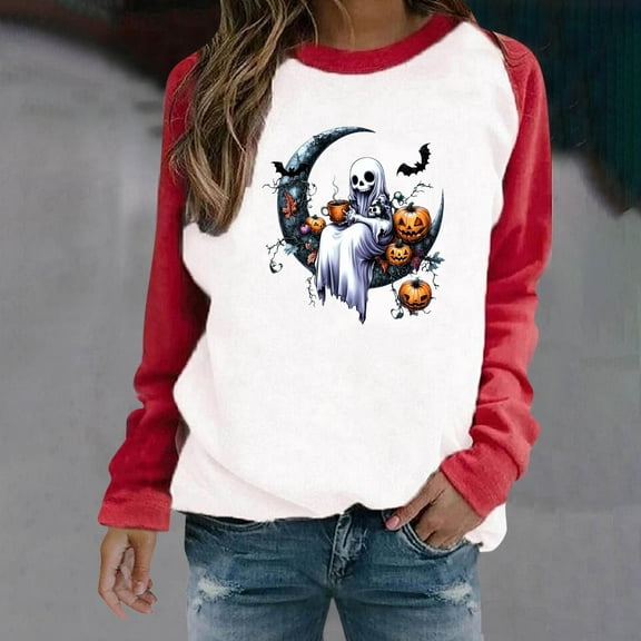 GaThRRgYP Everyday Women Long Sleeve Round Neck Tee,Women's Halloween Printed Round Neck Long Sleeved Oversized Sweatshirt Red XXL