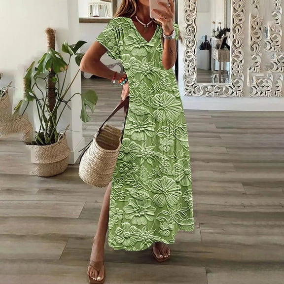 GaThRRgYP Eyelet Lace Short Sleeve V-Collar Dress-Romantic Summer,Womens Spring and Summer V-Neck Solid Casual Short Sleeved Long Dress Green S