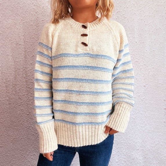 GaThRRgYP Fall Clothes for Women,Women's Long-sleeved Round Neck Striped Contrast Color Pullover Loose Knitted Sweater Beige S