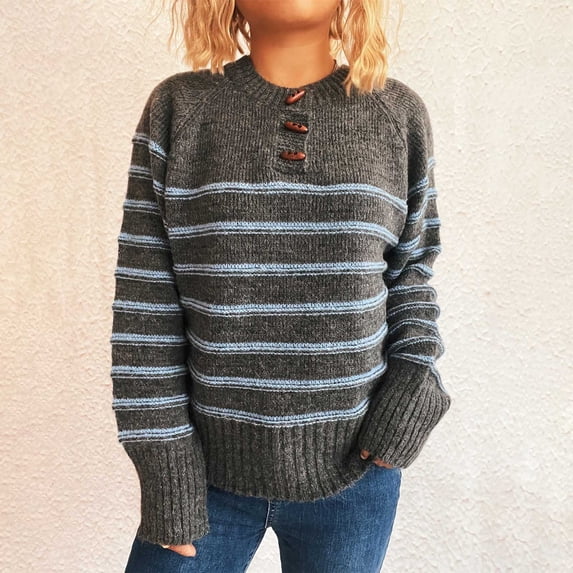 GaThRRgYP Fall Sweaters for Women 2025,Women's Long-sleeved Round Neck Striped Contrast Color Pullover Loose Knitted Sweater Dark Gray M