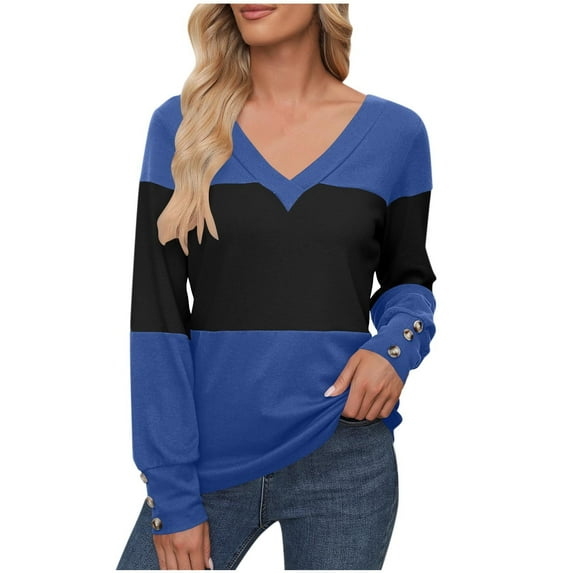GaThRRgYP Fall Sweatshirts for Women V-neck Long Sleeve,Women's Color Blocked Printed V-neck Regular Sleeve Long Sleeved Decorative Casual Pullover Winter T-shirt Top Blue S
