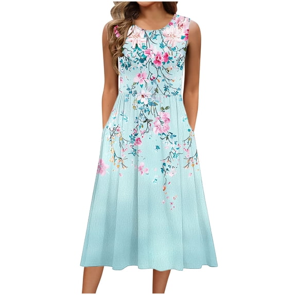 GaThRRgYP Flowy Summer Midi Dress Women,Fashion Women's Casual Printed Short Sleeved Round Neck Pocket Dress Light Blue M
