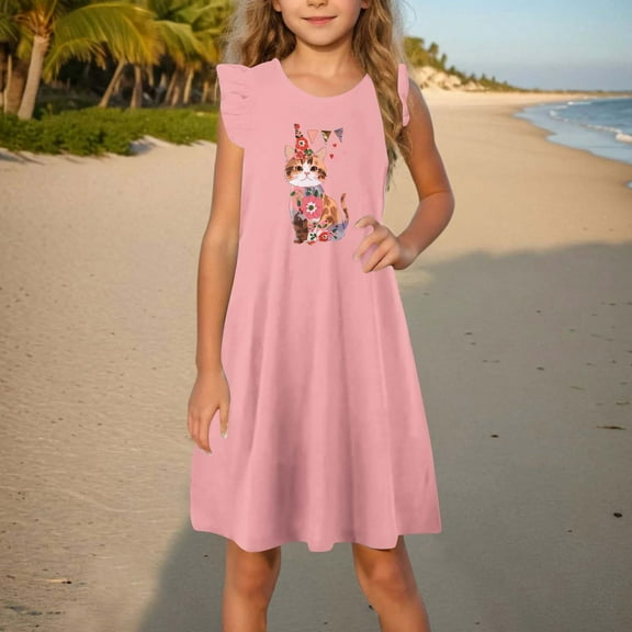 GaThRRgYP Girls Dresses,Toddler Girls Dress Summer Ruffle Sleeve Sundress Outfit for Kids 4-14T Pink 4 Years