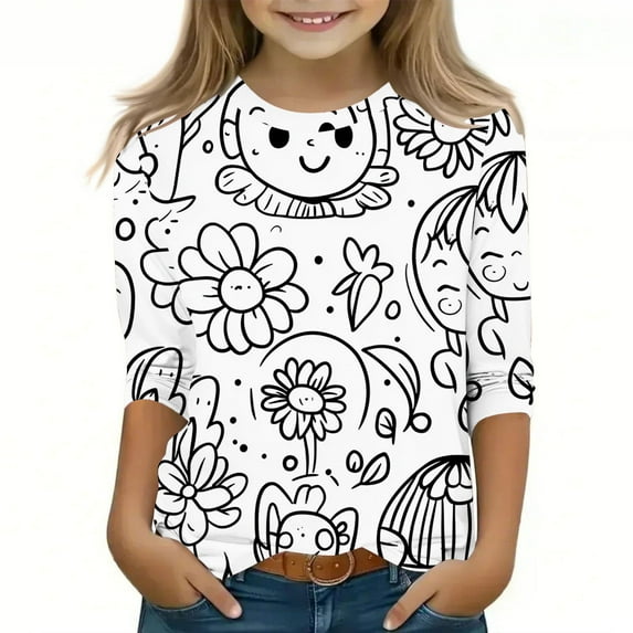 GaThRRgYP Girls Long-Sleeve Henley Tee,Children's Graffiti Printed Sleeve Round Neck Children's Top Hoodie White#3 5 Years