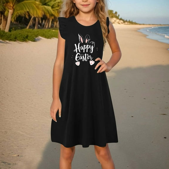 GaThRRgYP Girls Short Sleeve Dress,Toddler Girls Dress Summer Ruffle Sleeve Sundress Outfit for Kids 4-14T Black 9 Years