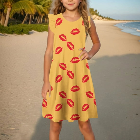 GaThRRgYP Girls Short Sleeve Dress,Toddler Girls Dress Summer Ruffle Sleeve Sundress Outfit for Kids 4-14T Yellow 9 Years