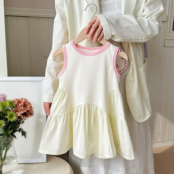 GaThRRgYP Girls Short Sleeve Dress,Toddler Kids Girls Cute Solid Color Sleeveless Stretchy Wrinkle Camisole Dress A Line Dress White 12 Months
