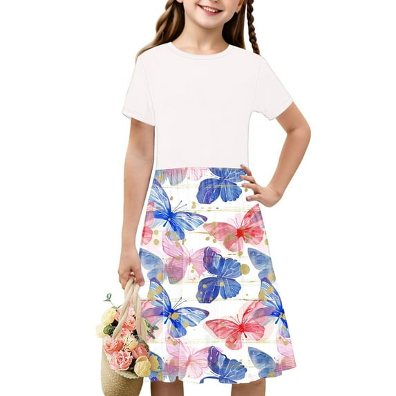 GaThRRgYP Girls Short Sleeve Dress,Toddler Kids Girls Cute Splicing Print Short Sleeve Stretchy Dress A Line Dress Multicolor 4 Years