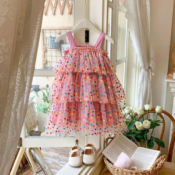GaThRRgYP Girls Short Sleeve Mixed Tiered Dress,Fashionable Children's Cake Puffy Skirt Sleeveless Suspender Mesh Casual Dress Watermelon Red 2 Years
