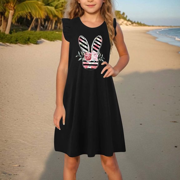 GaThRRgYP Girls Short Sleeve Mixed Tiered Dress,Toddler Girls Dress Summer Ruffle Sleeve Sundress Outfit for Kids 4-14T Black 5 Years