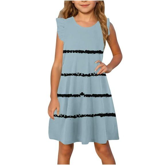 GaThRRgYP Girls Short Sleeve Mixed Tiered Dress,Toddler Girls Dress Summer Ruffle Sleeve Sundress Outfit for Kids 4-14T Blue 5 Years