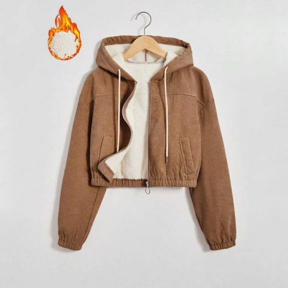 GaThRRgYP Hooded Fluffy Coat Women's Winter,Women's Solid Color Wool Lining with Thick Corduroy Long Sleeved Hooded Zipper Warm Lining Short Jacket Jacket with Pockets Brown S